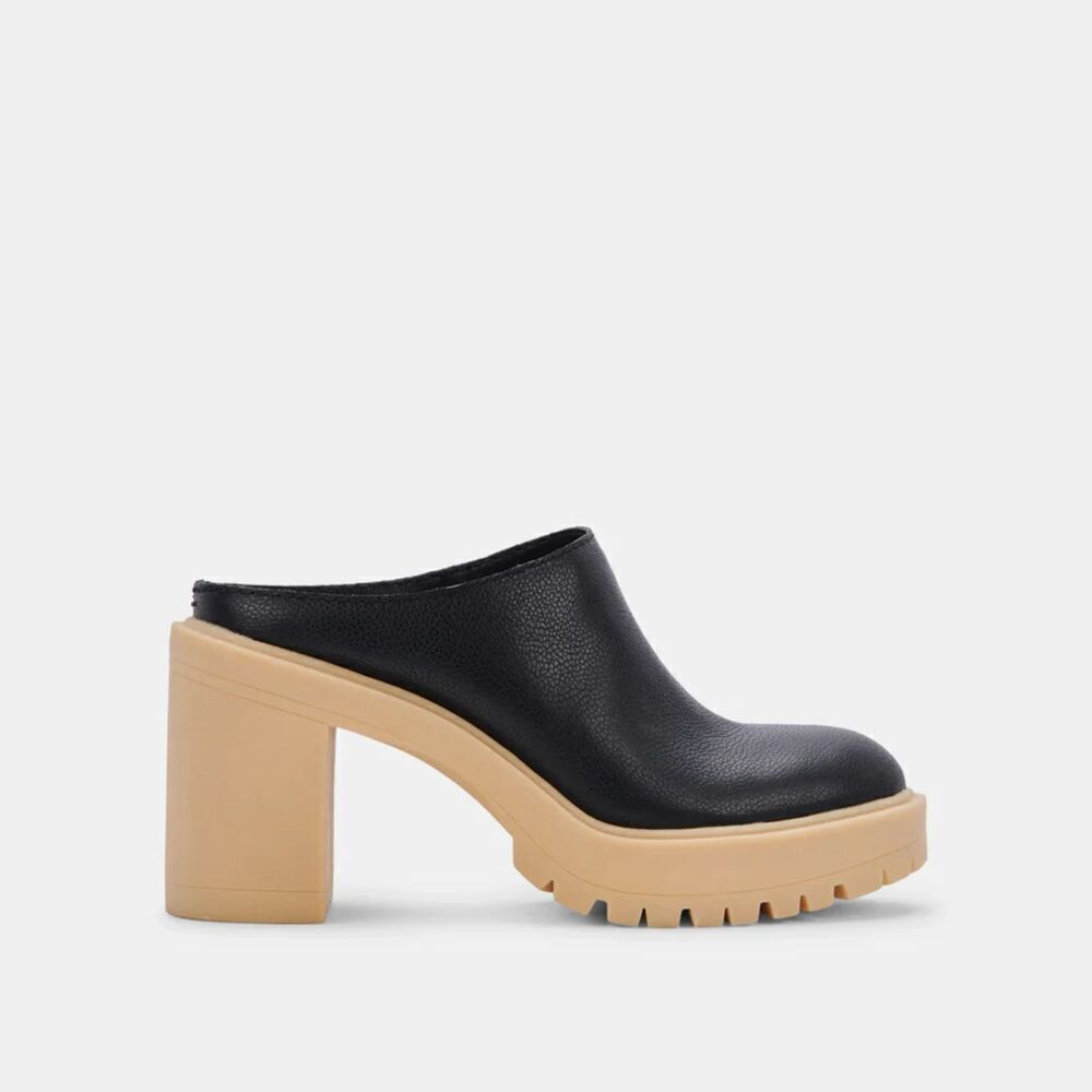 Dolce Vita Black and Tan Block Heel Mules